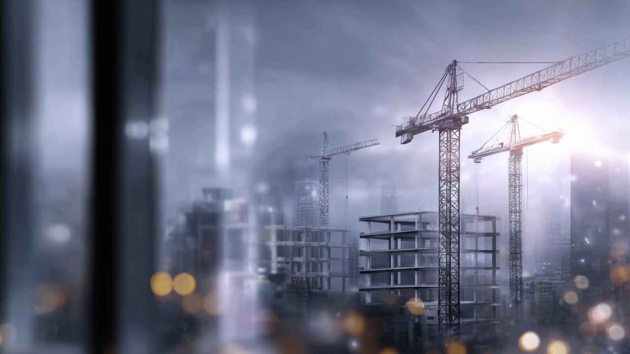 Industrial Urban Construction Scene Featuring Tower Cranes and Building Framework Under Overcast Sky, Captured From a Window Perspective