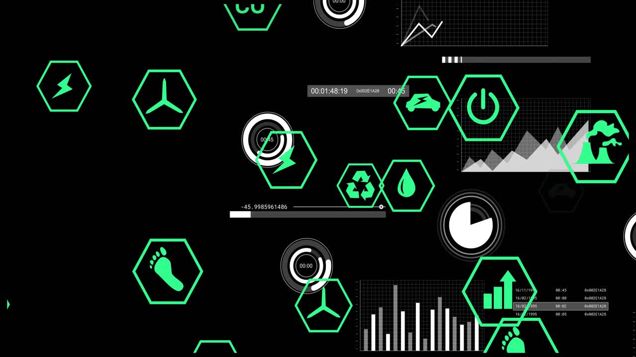Black screen displaying neon hex icons fading as gauge sweeps and charts animating for eco metrics