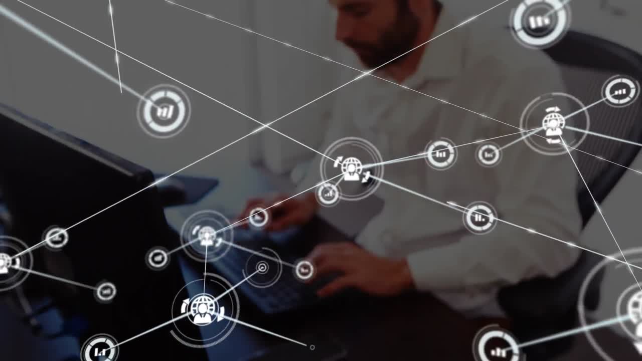 animación de una red de conexiones e iconos sobre una mujer de negocios con auriculares