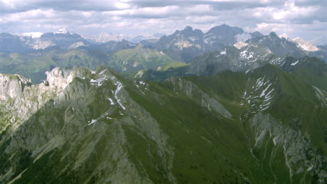 aerial view above majestic italy alps mountain peaks in summer