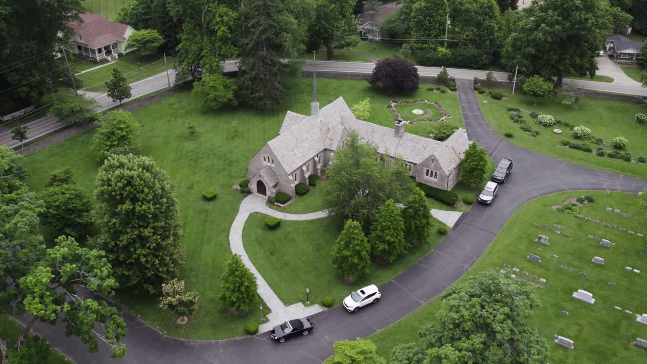 Aerial view of a church, its grounds, and nearby surroundings