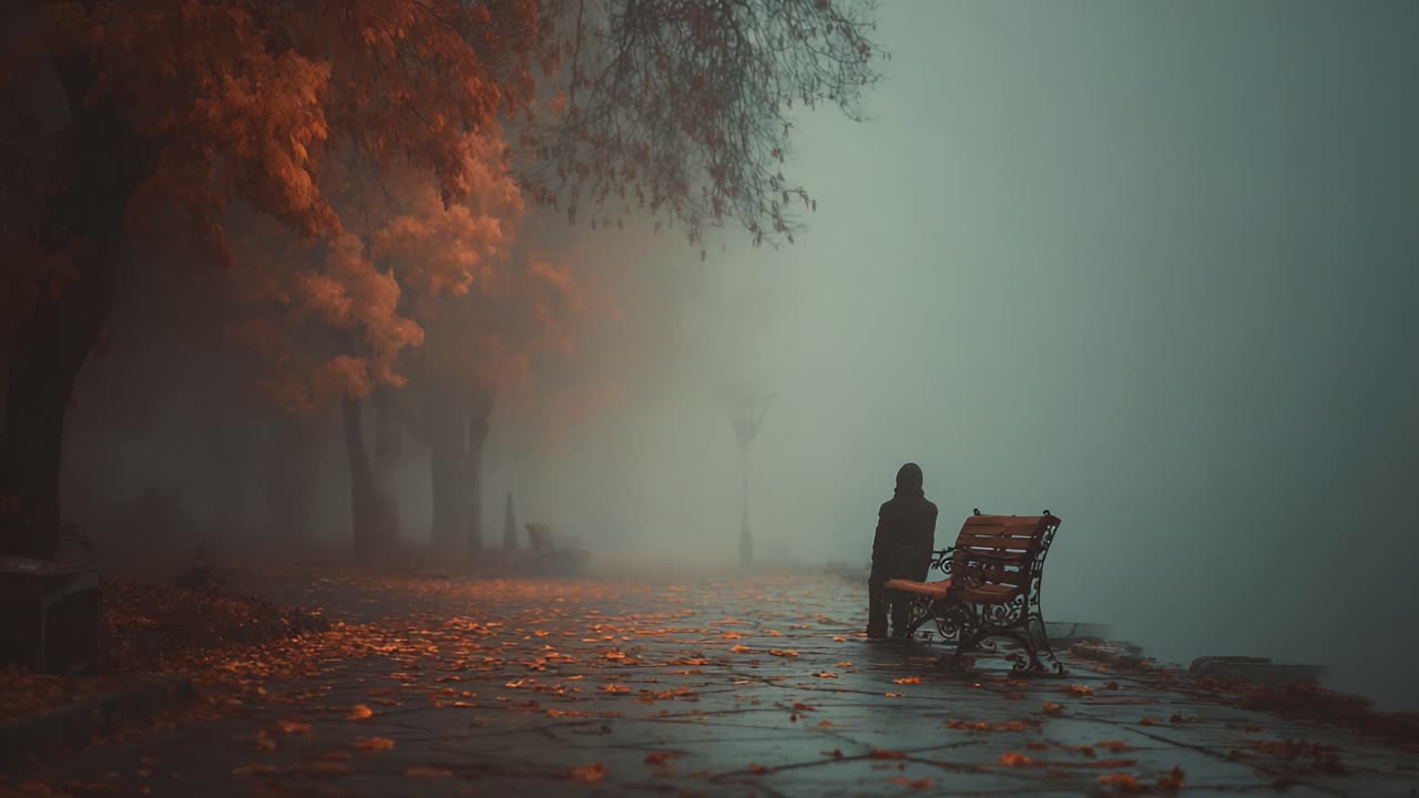 A solitary figure sits on a bench in a misty autumn landscape, surrounded by vibrant orange leaves and a tranquil, foggy atmosphere, evoking a sense of contemplation and calm