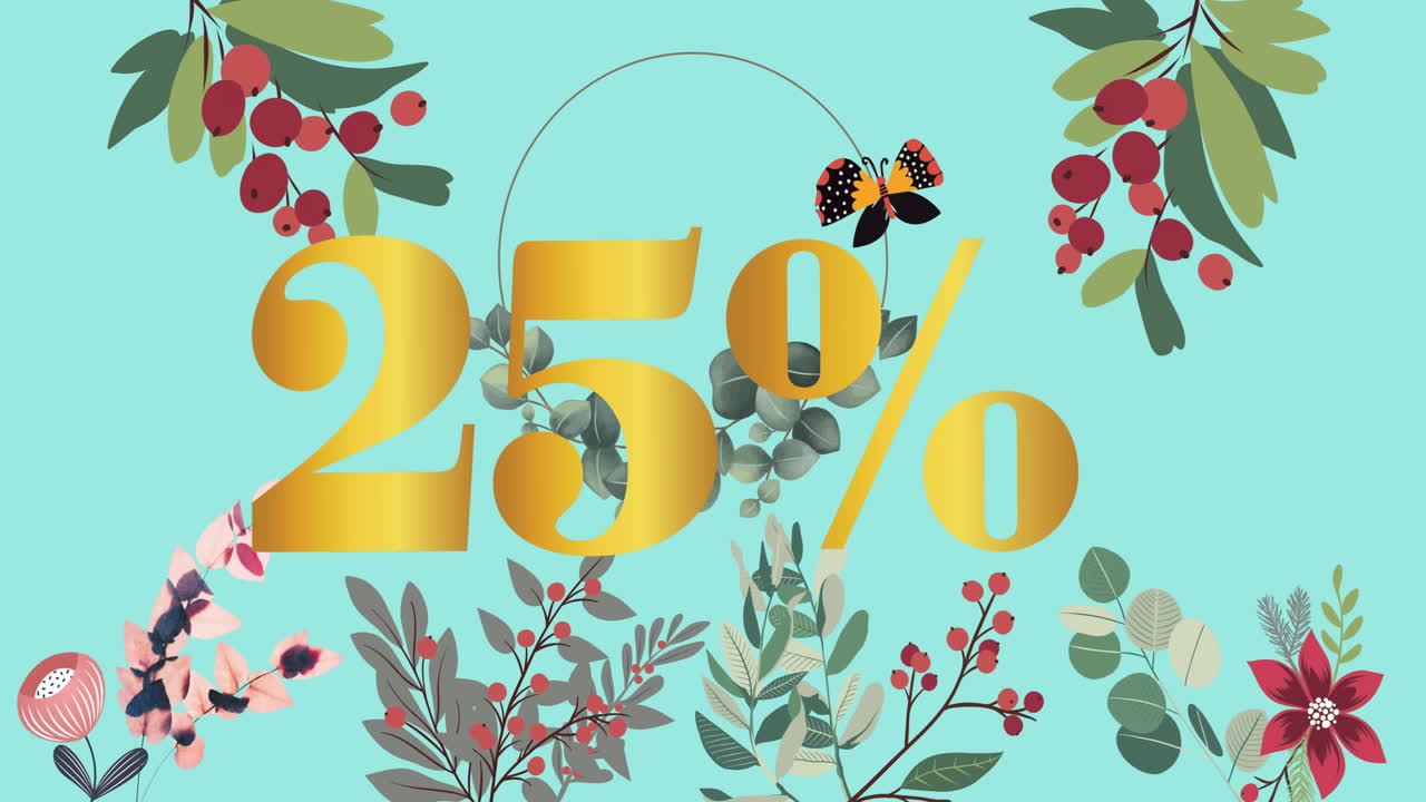 animación de 25 por ciento de texto sobre mariposa y flores que se mueven en movimiento hipnótico