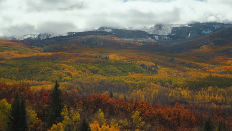 Kebler-Pass-Colorado-cinematic-frosted-crisp-cold-frozen-morning-fall-winter-season-collide-first-white-snow-red-yellow-orange-aspen-tree-forest-clouds-blue-sky-Rocky-Mountain-peak-stunning-pan-left