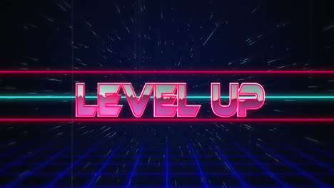 Retro-Level-Up-Text-Glitzert-über-Blauen-Und-Roten-Linien-4k