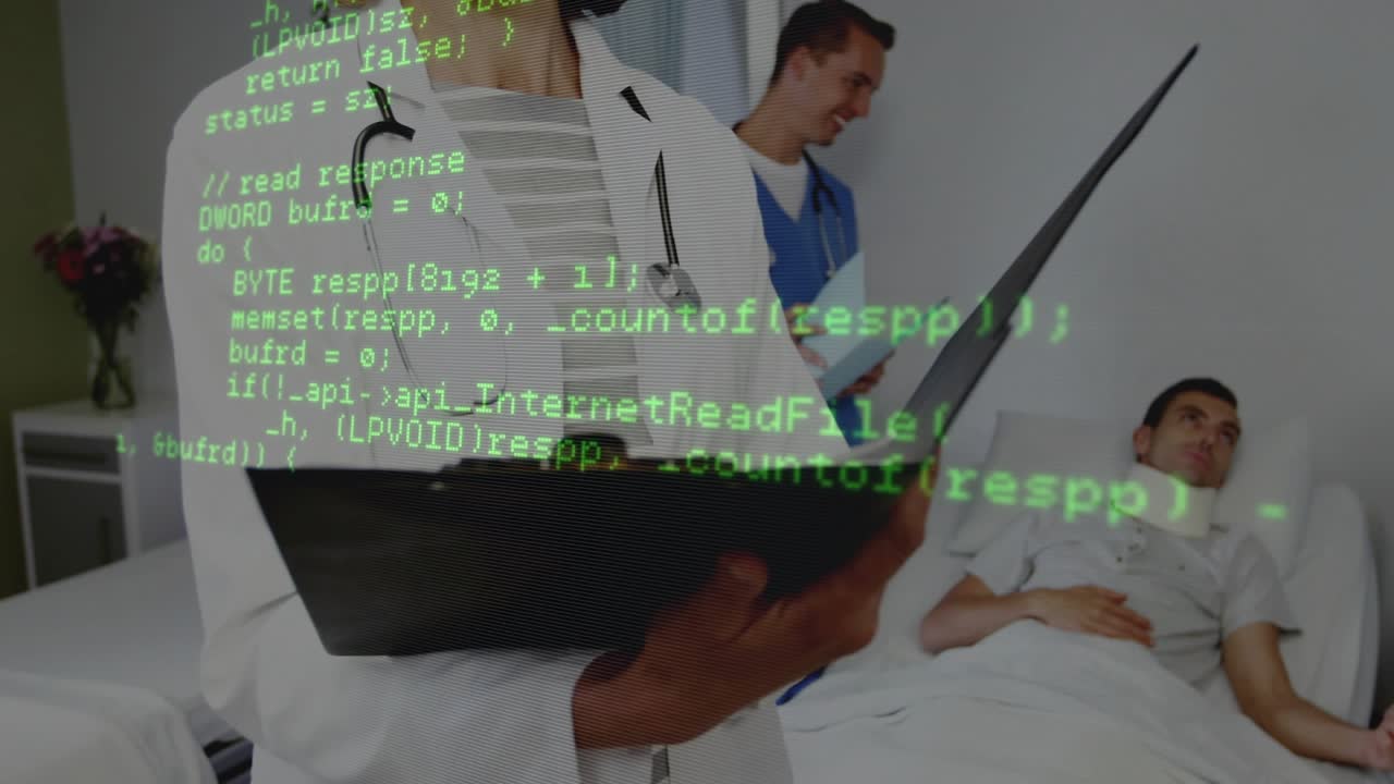 Overlay fading, physician holding laptop and clinician taking notes, conducting hospital assessment