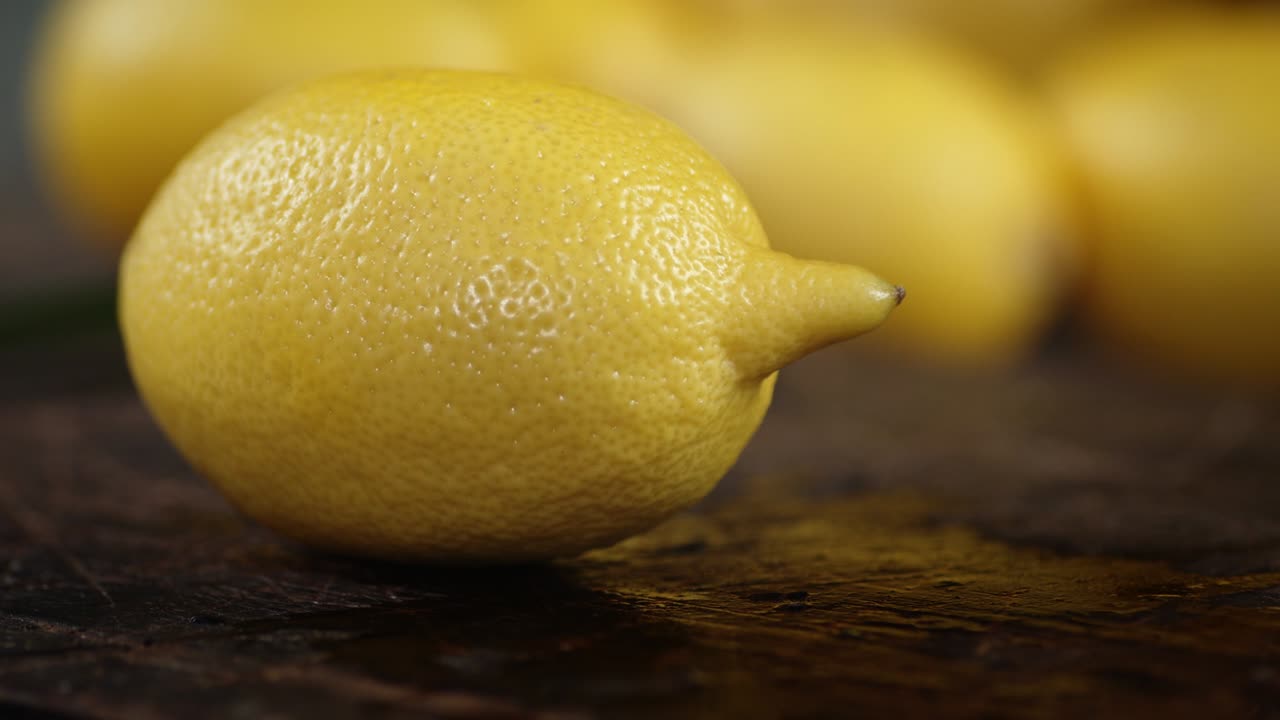 테이블 위에 신선한 레몬이 회전하고 있습니다.