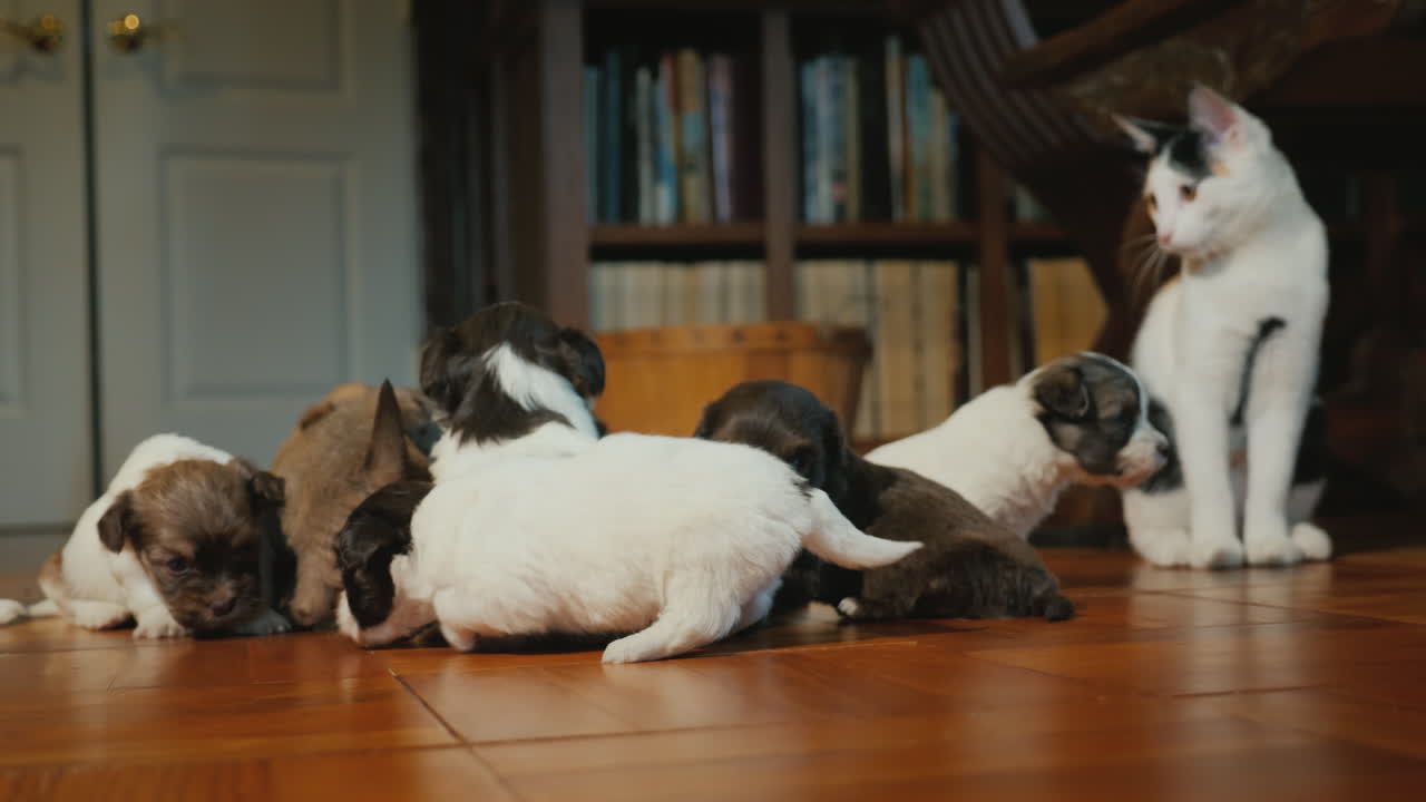 el gato astuto observa cómo juegan los cachorritos