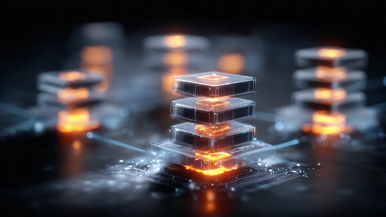 Futuristic Data Storage Concept Displaying Transparent Layered Structures with Glowing Elements Representing Advanced Technology and Digital Innovation