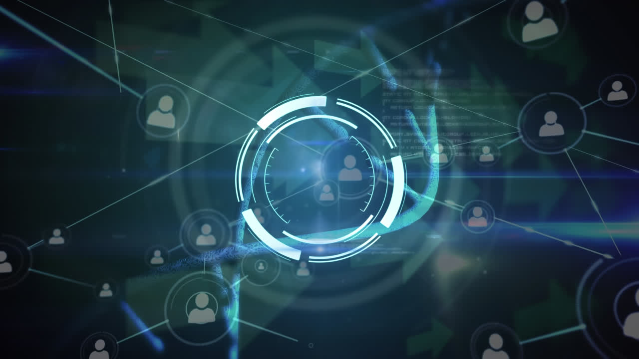 파란색 배경의 dna 구조 위에 둥근 스캐너와 프로필 아이콘 네트워크의 애니메이션