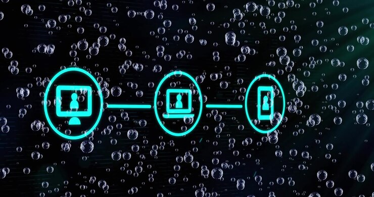 Animation of media icons and bubbles on black background