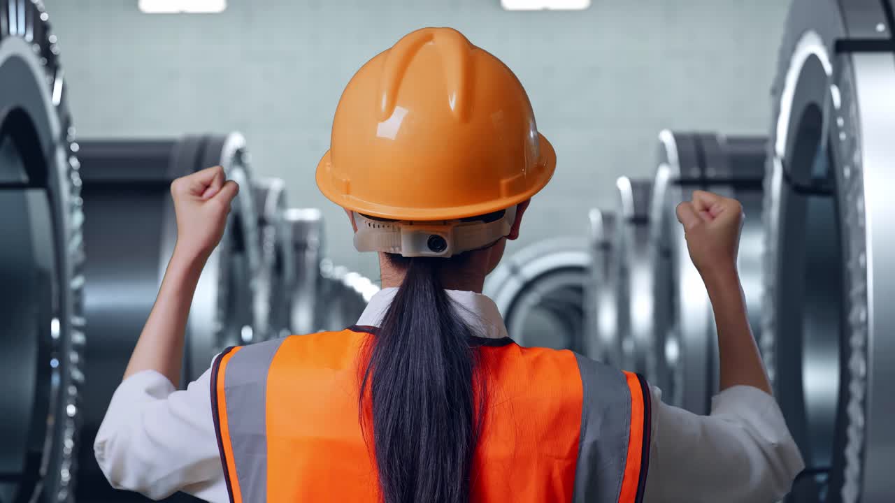 안전 헬을 입은 여성 엔지니어가 금속 공장에서 일하면서 손을 들어 축하하고 있는 모습