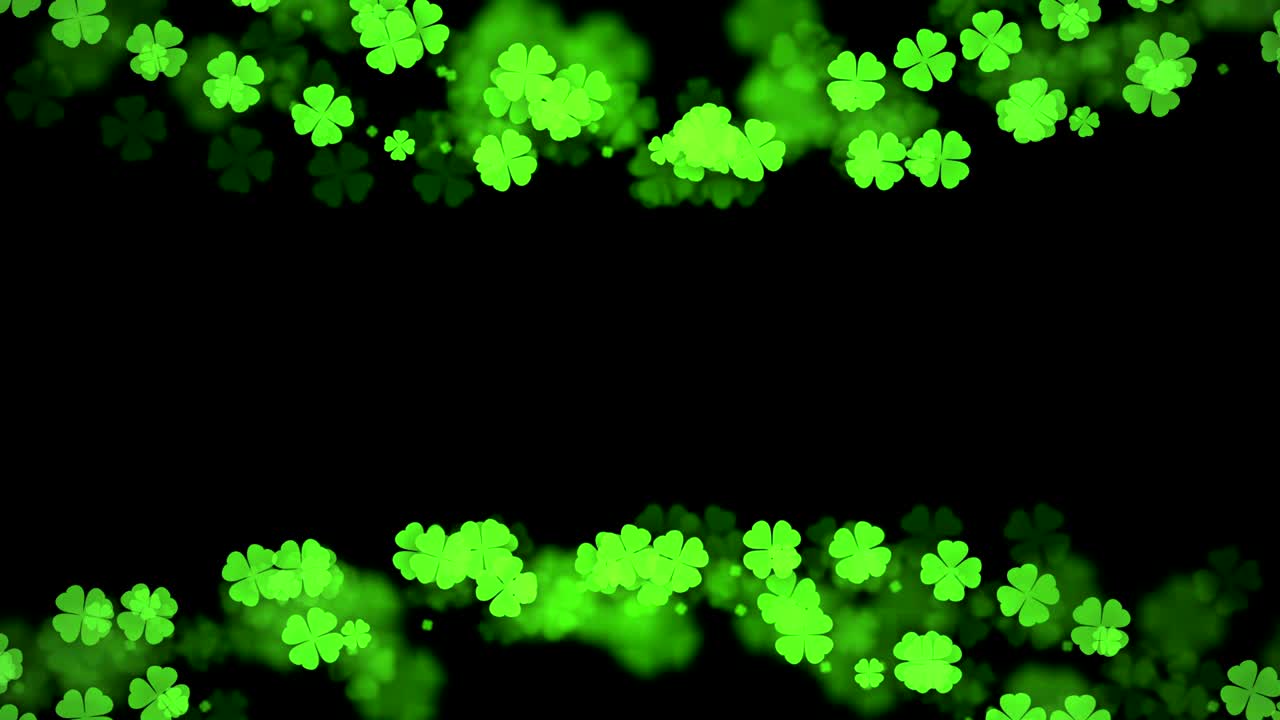 추상적인 보케 빛, 반이는 클로버 4 잎 패턴, 어두운 배경에 초록색 일러스트레이션, 원활한 루핑 애니메이션, 중앙 복사 공간과 함께 4k
