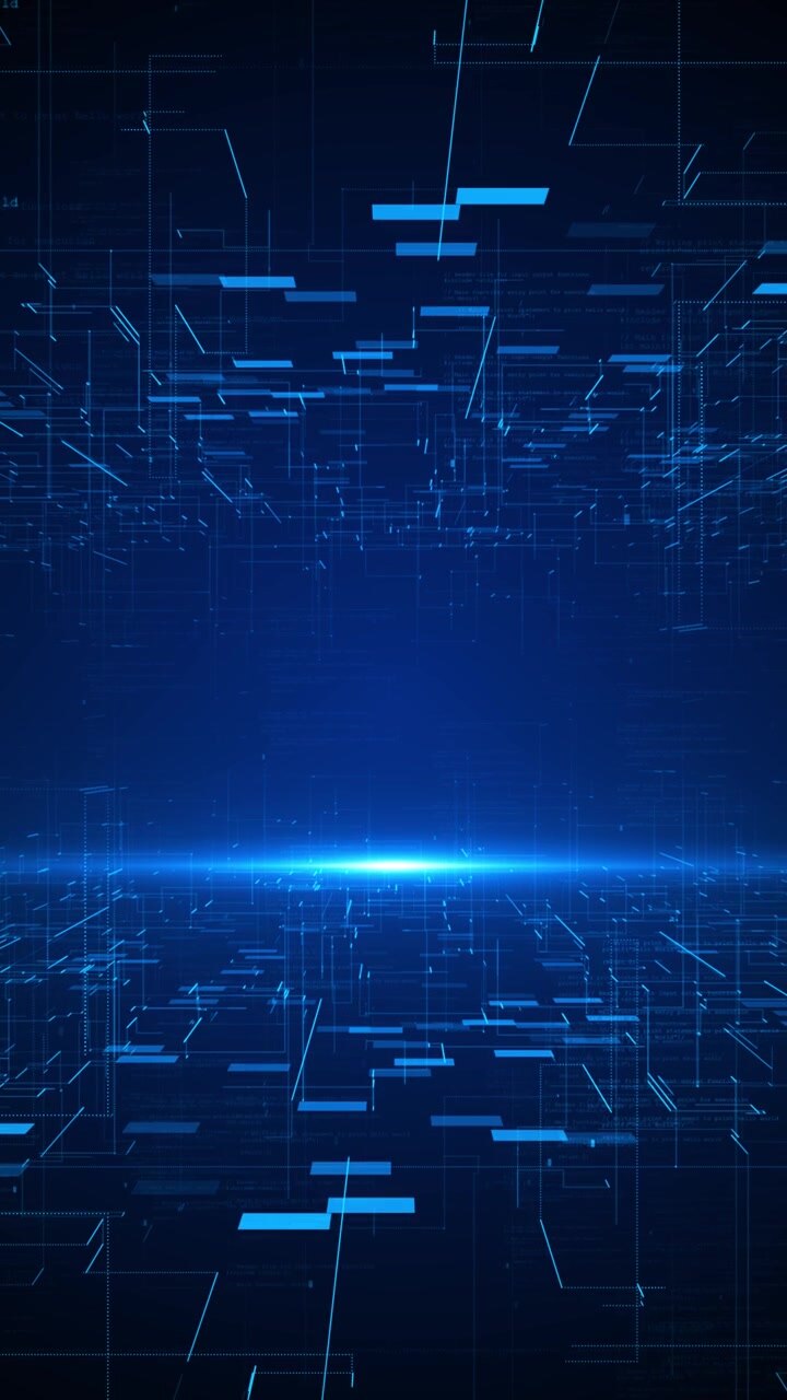 Corridoio di dati blu futuristico, rettangoli volanti, bagliore, codice a strati, profondità virtuale, server tecnologico