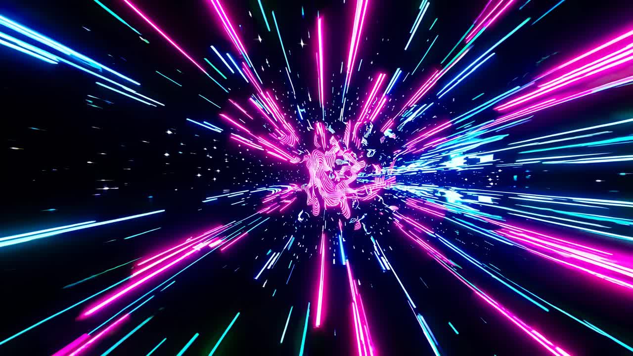Un video dinamico di luci al neon in un tunnel, che crea un effetto futuristico e ad alta velocità