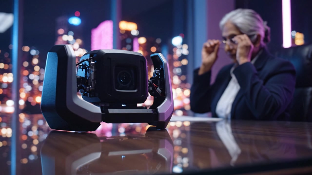Eine professionelle Frau in einem eleganten Büroumfeld beobachtet eine Hightech-Kamera, beleuchtet von den Stadtlichtern draußen, die Innovation und Technologie einfängt.