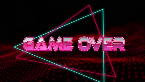 Animation-of-game-over-text-in-metallic-pink-letters-with-triangles-over-red-mesh