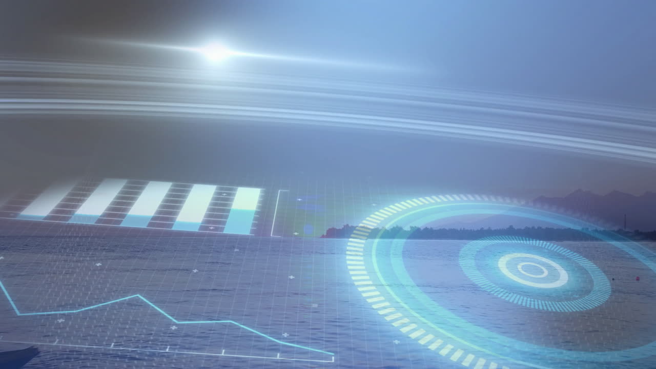 Animation of futuristic digital interface with graphs over landscape scene