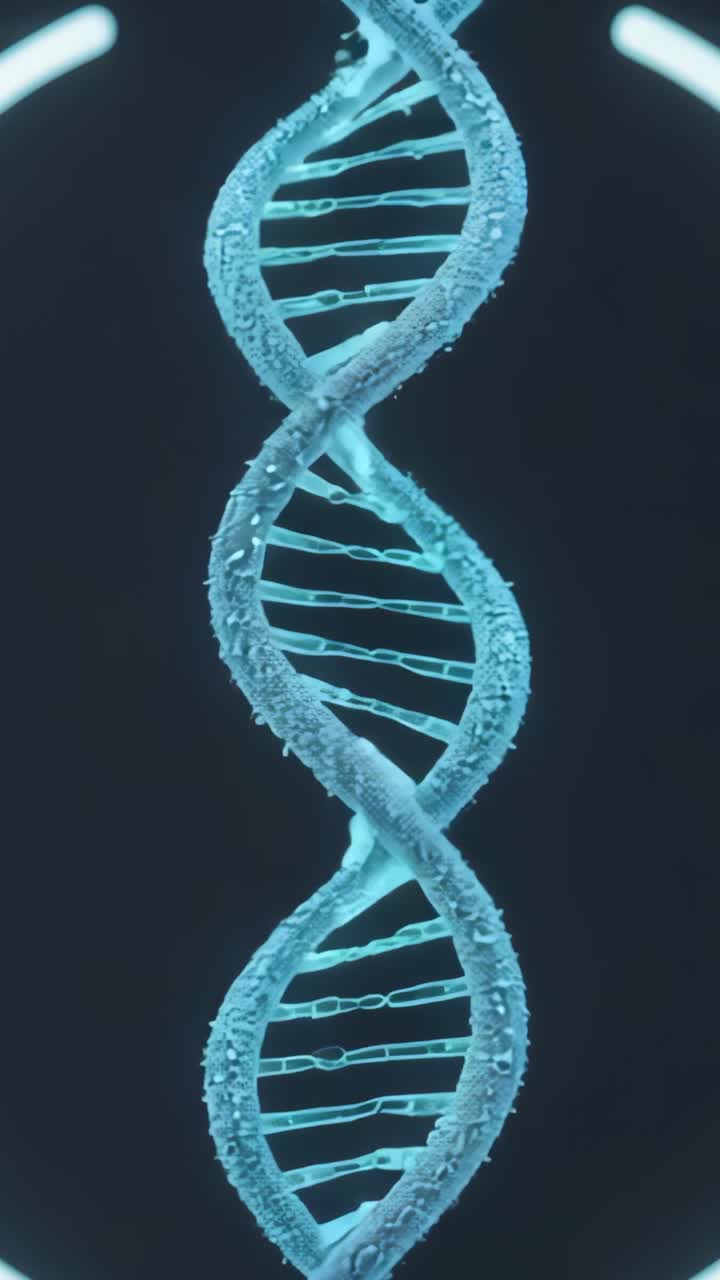 Video verticale: apertura con rendering in 3D di una spirale di DNA che inizia a ruotare in laboratorio, con archi di luce laterali