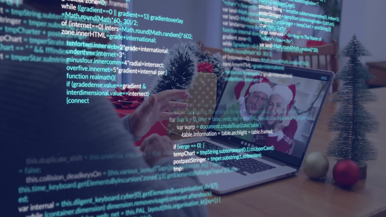 Animation of data processing over diverse people on laptop video call at christmas