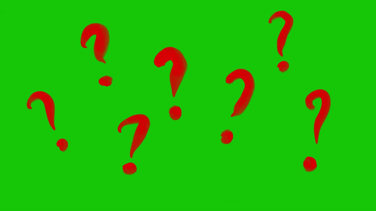 Punti interrogativi rossi animati che appaiono su sfondo green screen