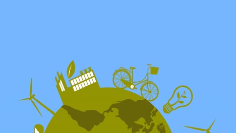 Animation-Eines-Rotierenden-Grünen-Globus-Mit-Ökologie-Symbolen-Auf-Blauem-Hintergrund