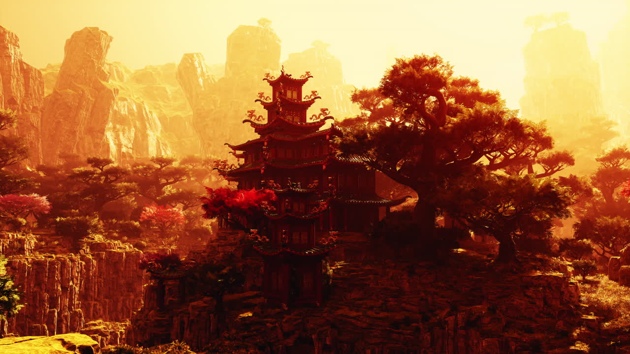 산악 풍경에 있는 황금시대 중국 파고다