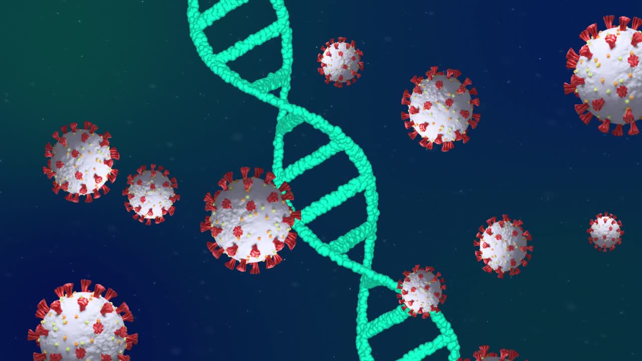 Covid-19 cells against DNA structure on blue background