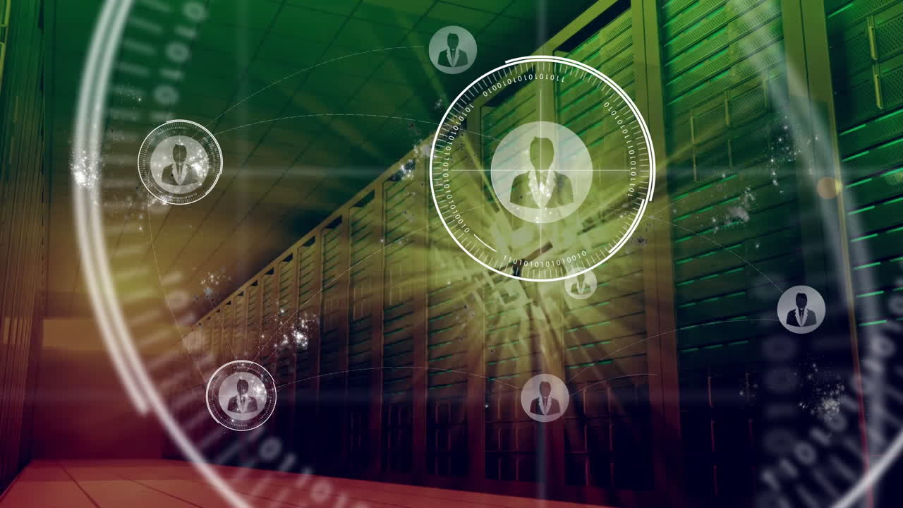 Futuristic network visualization animating HUD circles with business icons flowing binary code arcs