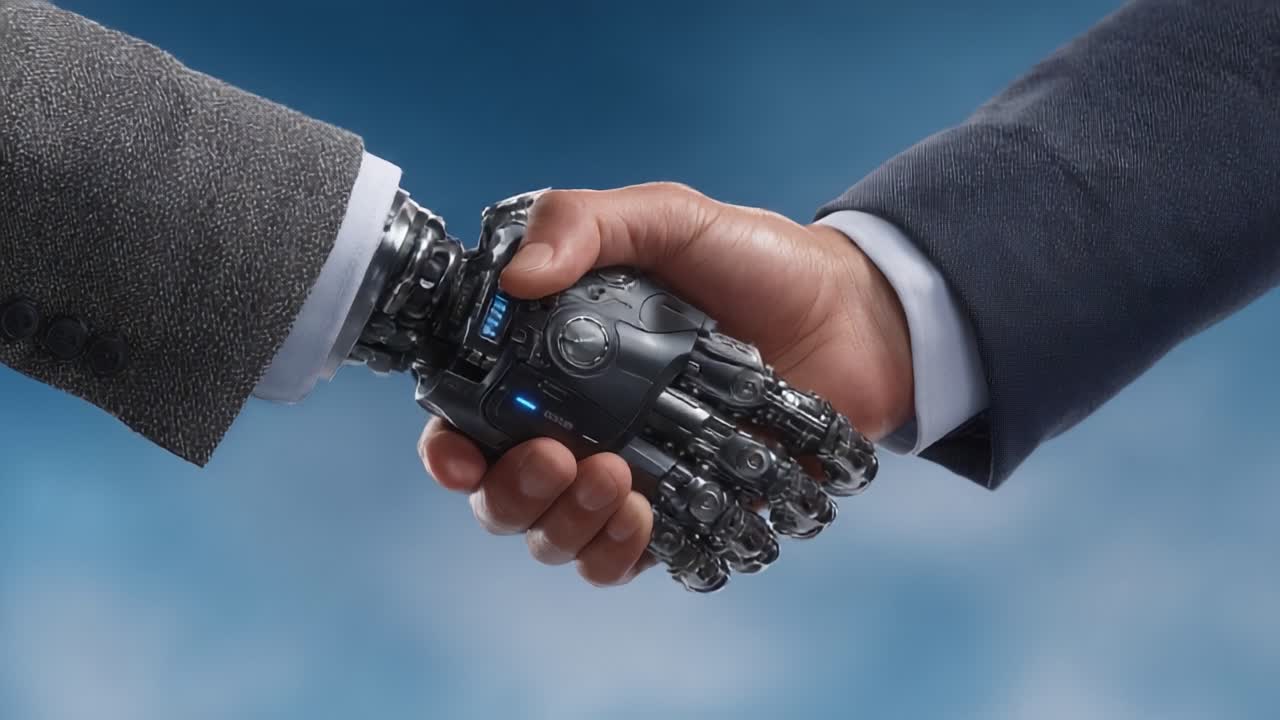 Un incontro simbolico tra umanità e tecnologia: la fusione di elementi umani e robotici in una stretta di mano dinamica che rappresenta progresso e cooperazione