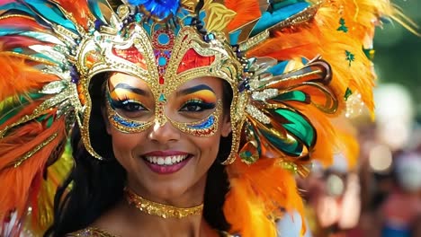 a woman in a colorful costume smiles at the camera