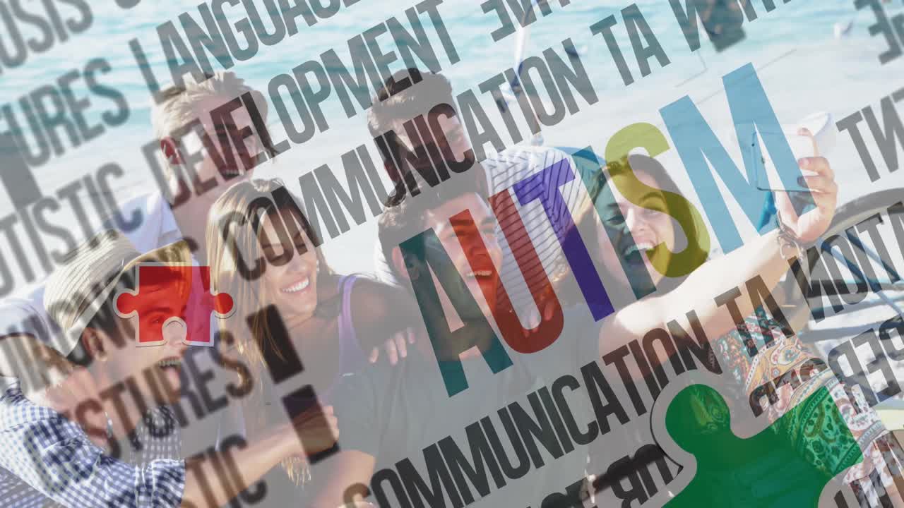 여름 해변 파티에서 행복한 친구들 위에 다채로운 퍼즐 조각과 자폐증 텍스트의 애니메이션