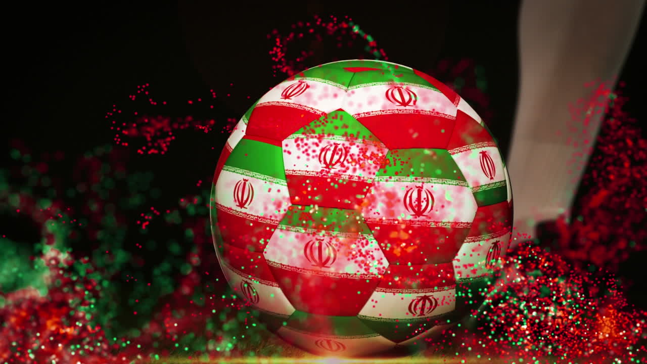 Animation of flag of iran and soccer player kicking football over shapes