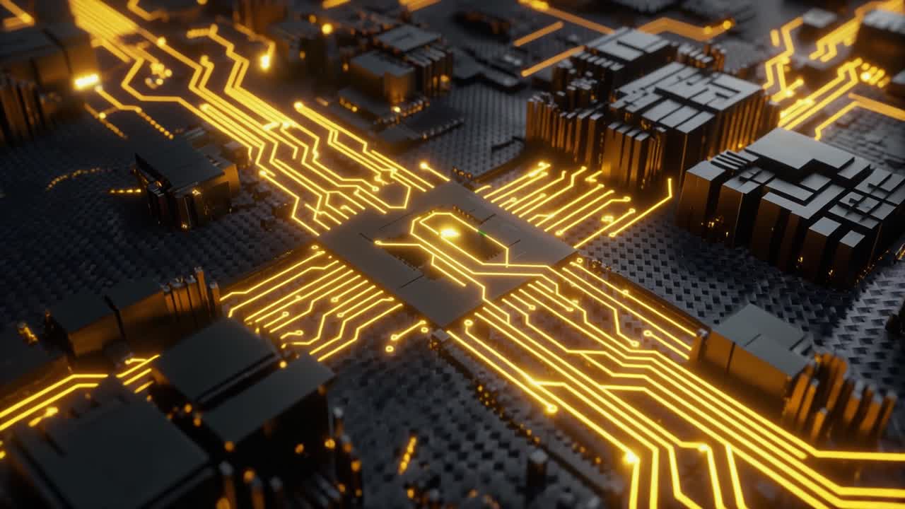 Futuristisk mikrochip med glødende gule kredsløb og datastrøm