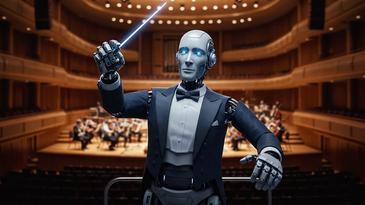 Een Futuristische Robotdirigent Leidt een Orkest in een Grote Concertzaal, Technologie Versmeltend met de Kunst van Muziek in een Innovatieve Uitvoering