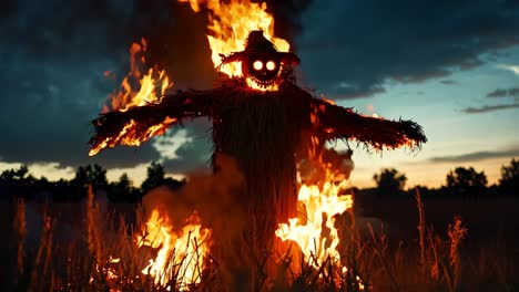 a scarecrow in the middle of a field of tall grass with a fire in the background