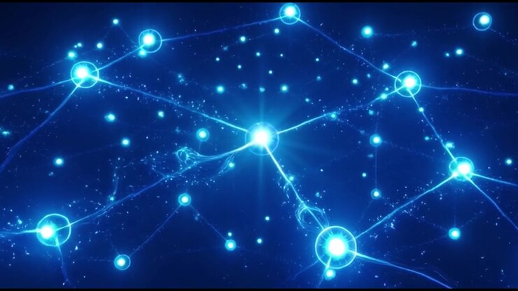 Abstract Digital Network Connecting Glowing Nodes in Dark Space