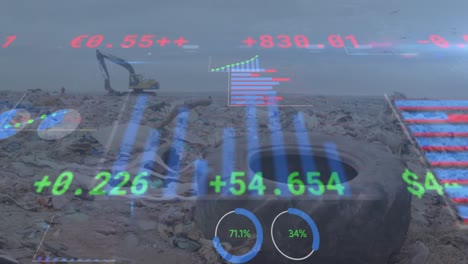 Animation-of-statistics-recording-over-digger-in-rubbish-disposal-site