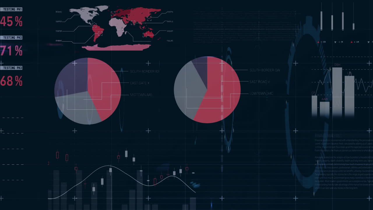 Animation of financial data processing over black background