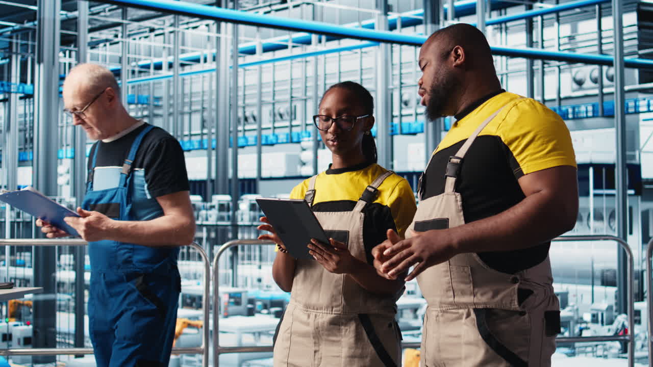 Smart factory coworkers talking, working together to test automated systems