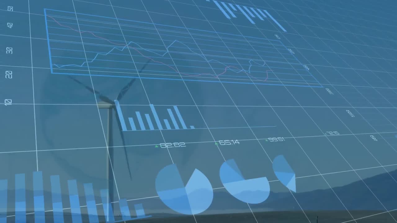 하늘의 구름에 대항하여 초원에서 회전하는 풍차를 통해 통계 데이터 처리의 애니메이션