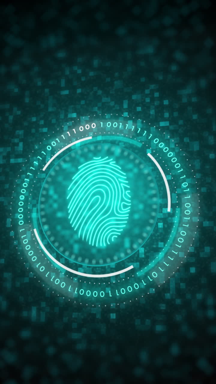 Fingerprint scanner on blue background with binary code and blinking pixels. HUD rotating elements. Looped motion graphics. Vertical video.