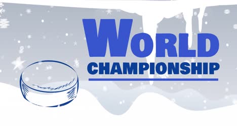 Animation-of-world-championship-text-in-blue-over-illustration-of-ice-hockey-puck-and-snow-falling