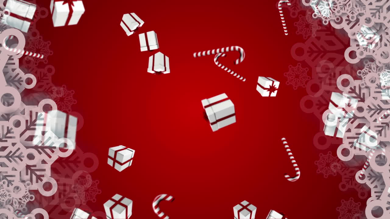 Animation of presents and christmas candy canes falling over red background