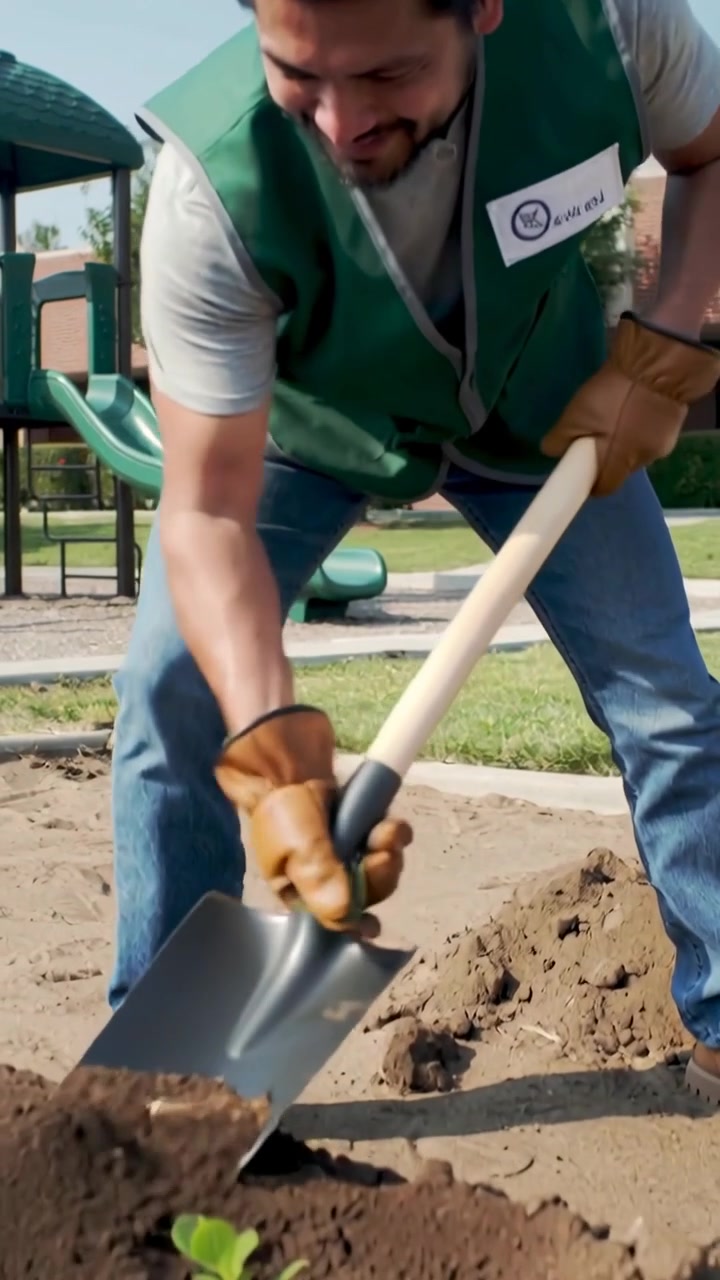 Vertical video: Gripping shovel, gloved man in green vest planting seedling by park to secure plant