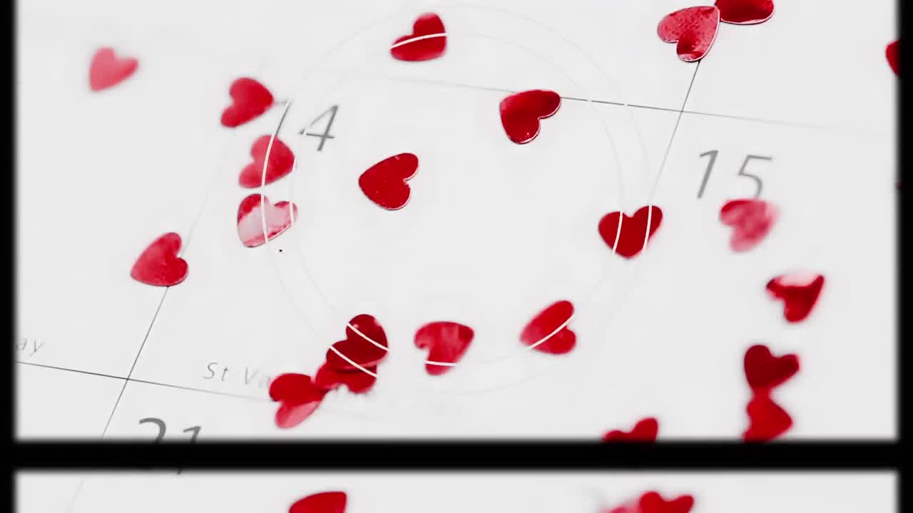 Animation of red hearts falling on february calendar background
