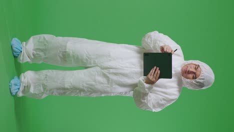 full body asian male scientist taking note on a tablet while standing on green screen background