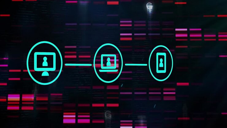 Animation of media icons and data processing over black background