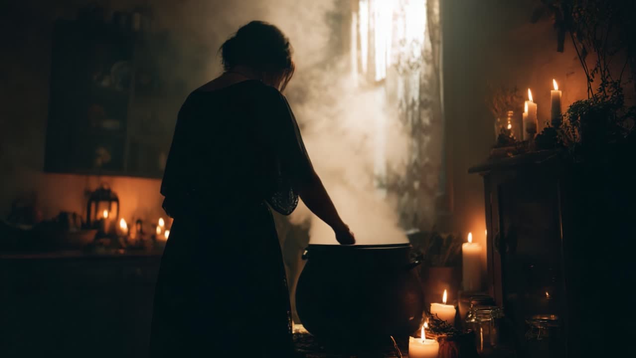 En mystisk rejse ind i det okkulte: En figur involveret i et gådefuldt ritual omgivet af flimrende lys og omsluttende røg