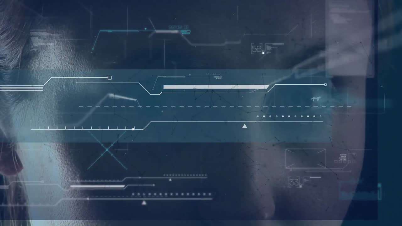 Animation of shapes and data processing over eyes of caucasian woman